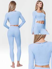 GLOWMODE Slim Fit Warm Crop Length Long-Sleeve Top With Thumbholes Removable Padding Yoga Pilates Daily Active Wear Sweat-Wicking - Baby Blue - View 9