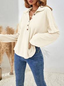 EMERY ROSE Women's Casual Waffle Knit Button Accent Dropped Shoulder Loose Fit Long Sleeve T-Shirt