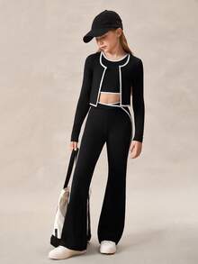 SHEIN Zestaw dla nastolatek, 3 części: sportowa kurtka z kontrastowymi paskami, top i spodnie dzwony, odpowiedni do biegania, jazdy na rowerze, fitnessu, koszykówki, piłki nożnej, tenisa i badmintona