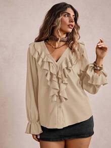 Freevana Plus Size Casual Solid Color Ruffle Trim Shirt/Fall/Winter - Khaki - View 3