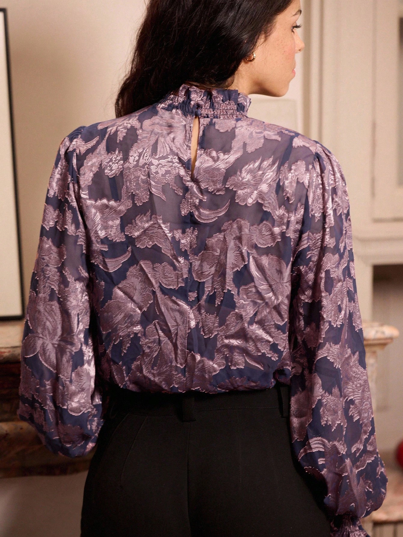 Sheer Floral Metallic Blouse With Ruffled Neck Spring Women Spring Spring Women Spring Summer Elegant Blouse