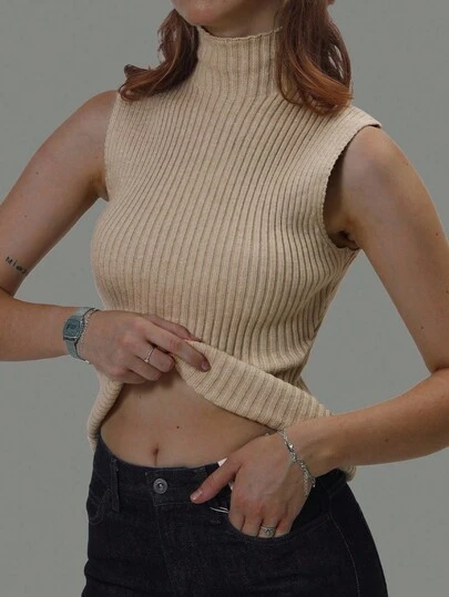 INAWLY 女式休闲纯色立领无袖针织上衣