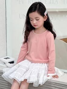 Dazy Kids Tricou pentru fete tinere, cu guler rotund, tricotat, cu broderie cu litere, în culori contrastante, toamnă