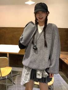 DAZY 女式V领纯色休闲街头风格宽松长袖毛衣 - 灰色 - 查看 2
