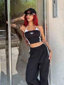 Bearsaez Women's Color Block Belt Simple Daily Long Pants - Black - View 3