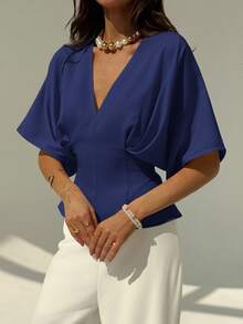 Aloruh Elegant Solid Color Pullover Short Sleeve Blouse, Minimalist Design, Loose Fit, Slim Flattering, Bowknot Tie Back, Versatile For Office/Commute - Navy Blue - View 3