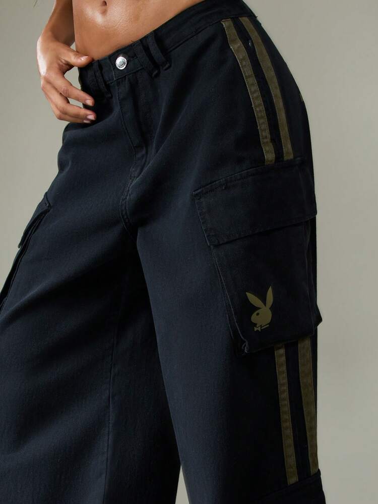 Missguided x Playboy Cotton Wide Leg High Rise Cargo Jeans With Stripe Details Multiple Pockets Loose Fit Denim Trousers For Fall Winter