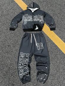 Manfinity EMRG 2pcs Men's Sweatsuit Set,Dark Grey Long Sleeve Hoodie Sweatshirt And Sweatpants,Printed Autumn Streetwear For Work,Oversized Casual High Street Style - Black - View 4