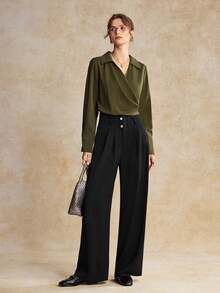 House of One 高腰百褶阔腿及地长裤女款黑色休闲裤秋季 - 黑色 - 查看 8