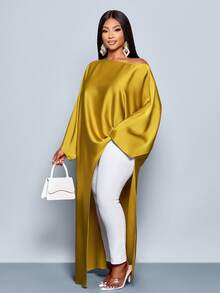 SOLERSUN Women's Solid High Low Hem Flounce Sleeve Asymmetrical Hem Blouse,Ladies Casual Asymmetrical,High Low Long Sleeve Round Neck Loose Long White Batwing Sleeve Top Women Satin Blouses ,Casual Daily Wear