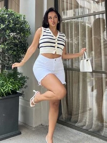 NegzBox Women's Solid Color Front Button Pocket Distressed Casual Denim Shorts - White - View 6