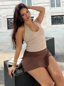 NegzBox Women's Elegant Beach Outfit Design, Solid Color Side Split Skort, Swimwear Bottoms - Coffee Brown - View 1