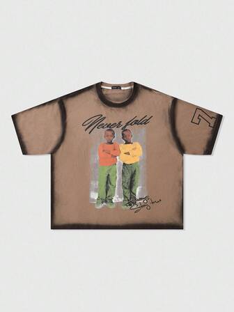 Street Life Maglietta a maniche corte con scollo a equipaggio, vestibilità morbida, con stampa di lettere e figure dipinte a mano per uomo