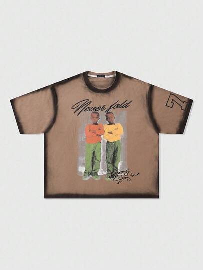 Street Life Herren handbemaltes Buchstaben- und Ziffern-Muster T-Shirt mit weiter Passform und Rundhalsausschnitt, Kurzarm