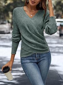 EMERY ROSE Suéter casual de mujer con cuello en V y cruce delantero, manga larga, otoño - Verde Oscuro - Ver 5