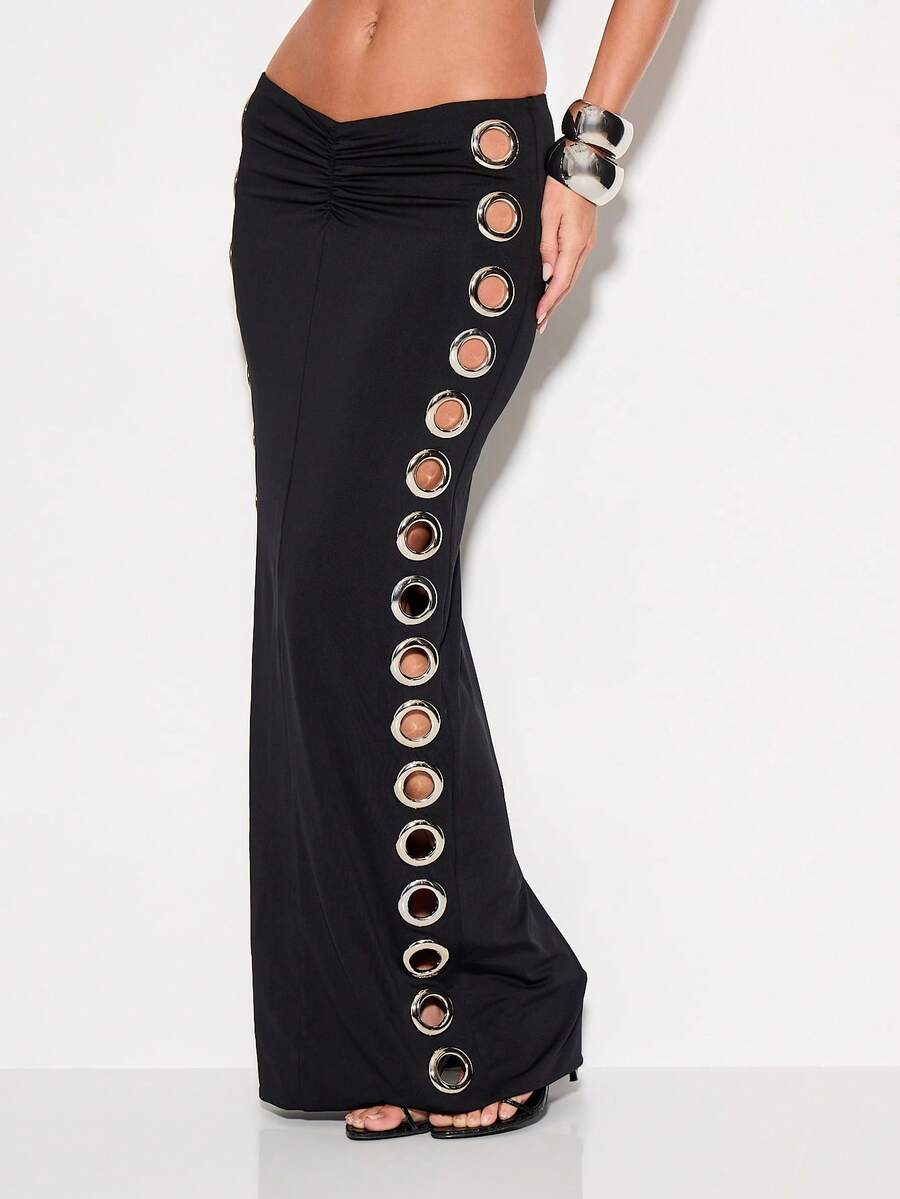 KIZN Eyelet Detail Maxi Skirt High Waisted Long Black Column Skirt With Metal Grommet Side Detailing Evening Formal