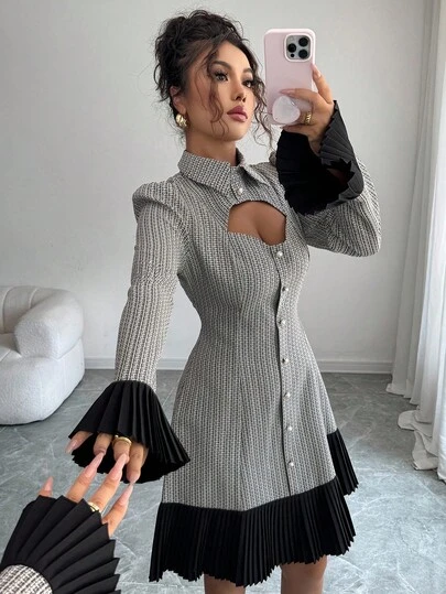 Elenzga 荷叶边下摆拼接长袖短款连衣裙