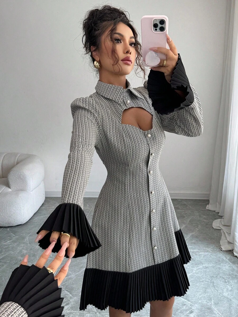 Elenzga Peplum Hem Splice Long Sleeve Short Dress Fall Cloth For Women - Black and White - View 1
