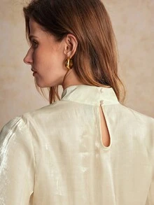 House of One Turtleneck Draped Bishop Sleeves Shiny Top Women Spring Autumn Casual Elegant Wear