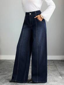 Elenzga 女士休闲通勤水洗阔腿牛仔裤 - 深色水洗藍 - 查看 4