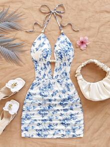 Soleia Robe mini dos nu à col ras-du-cou avec imprimé floral sexy, pour l'été