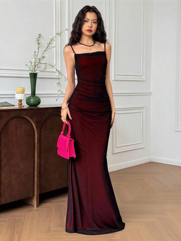 EastFlair Damska sukienka maxi w jednolitym kolorze z marszczeniami i dekoltem w rybi ogon