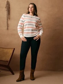 EMERY ROSE Plus Size Casual Colorblock Striped Pullover Sweater, Autumn/Winter Jumpers For Women Plus Size Plus Size Sweater For Women Plus Size Striped Sweater, Autumn/Winter,2025 New