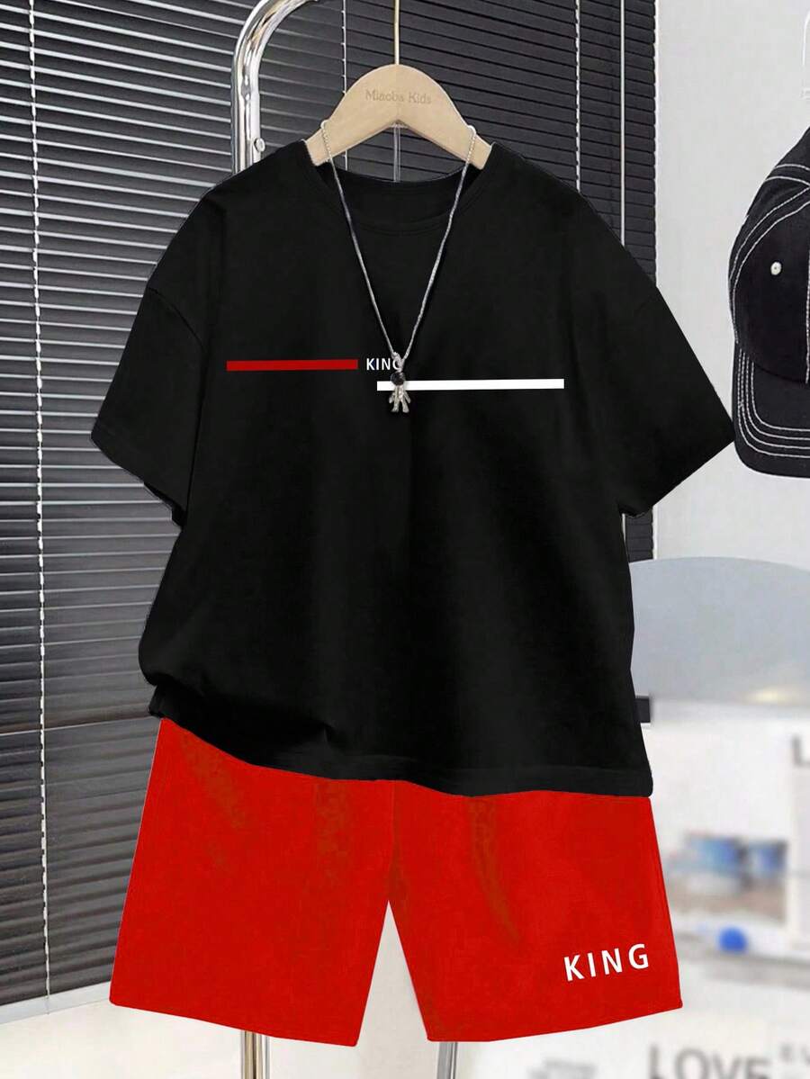 SHEIN Bộ quần short tay ngắn cổ tròn tối giản giản dị dành cho bé trai tuổi teen 2 món, phù hợp cho mùa hè - Nhiều màu - Xem 1