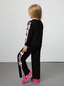 Hanevo 2pcs/Set Young Girl Spring & Summer Casual Ribbon Bow Sweatshirt Top & Bowknot Pants Set, Comfy Outfit - Black - View 2