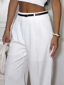 Ronhire 白色休闲办公室女士西装裤配腰带，复古风格女士正装裤商务休闲女士 - 白色 - 查看 3