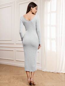 Miaspire Solid Ribbed Knit Bodycon Dress - Light Grey - View 2