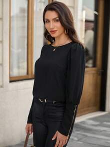 EMERY ROSE 女士休闲泡泡袖金属拉链设计衬衫，适合秋季 - 黑色 - 查看 3