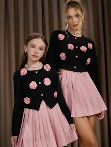2pcs Women's Set: Black Jacket Paired With Pink Pleated Skirt, Adorned With 3D Pink Floral Decor, Elegant & Romantic Daily Wear