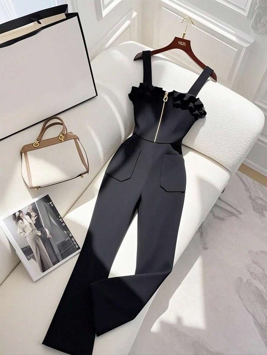 Franclia 1pc Elegant Frill Trim Zipper Decor Jumpsuit, Fitted Black Bib Overall - Black - View 1