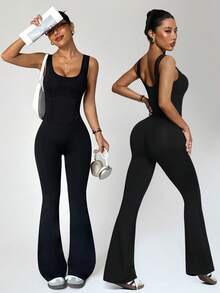 Dewbera Plain Black Sleeveless Sports Unitard With Comfortable Fabric And Stylish Design Flare Jumpsuit Jumpsuit For Women Bodycon Jumpsuit Flared Leggings Jumpsuit