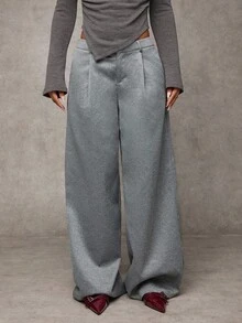 SHEIN BAE Women's Solid Color Pleated Waist Belt Loop Casual Loose Pants - Light Grey - View 3