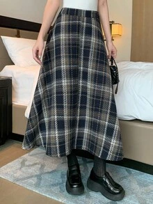 Livesso 女士高腰格子优雅通勤A字裙