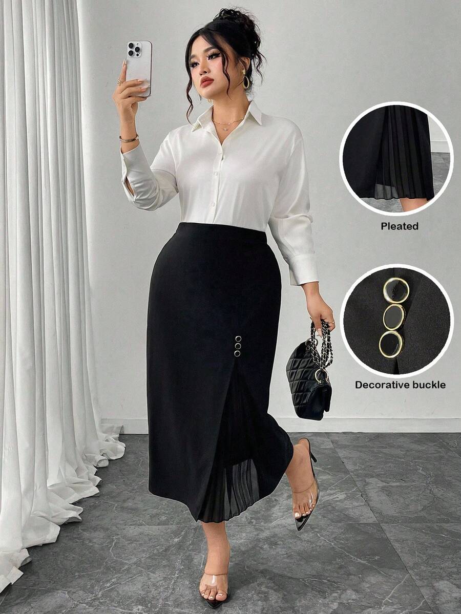 Modelyn Váy đi làm xếp ly bodycon thanh lịch đa năng cỡ lớn cho nữ - màu đen - Xem 1