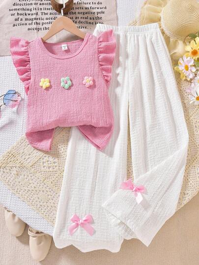 Tween Girl 3 Flower Accented Short Cap Sleeve Top With Bow Decorated Pants Set Cute Sets For Girls