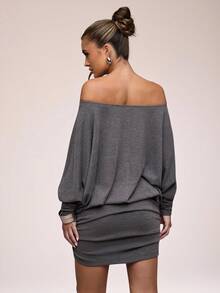 SHEIN BAE Vestido mini de mujer de unicolor con hombros descubiertos, mangas tipo murciélago y fruncido de moda