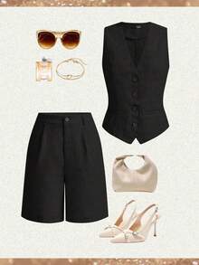 Ellevyn Women's Vest And Shorts Commuting Office Style Suit - Black - View 3