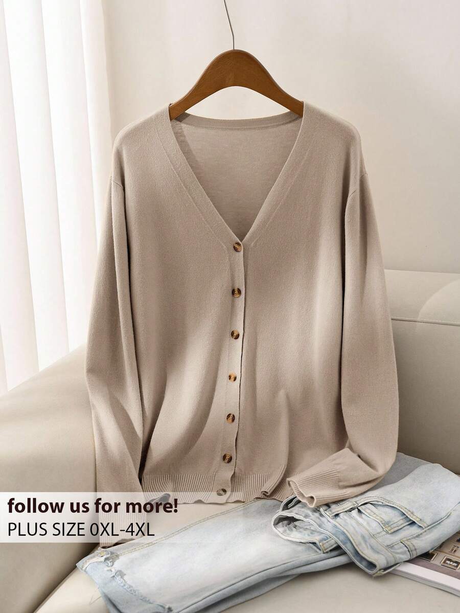 CosyJoli Áo len cardigan màu trơn thường ngày cho nữ cỡ lớn - Màu be - Xem 1