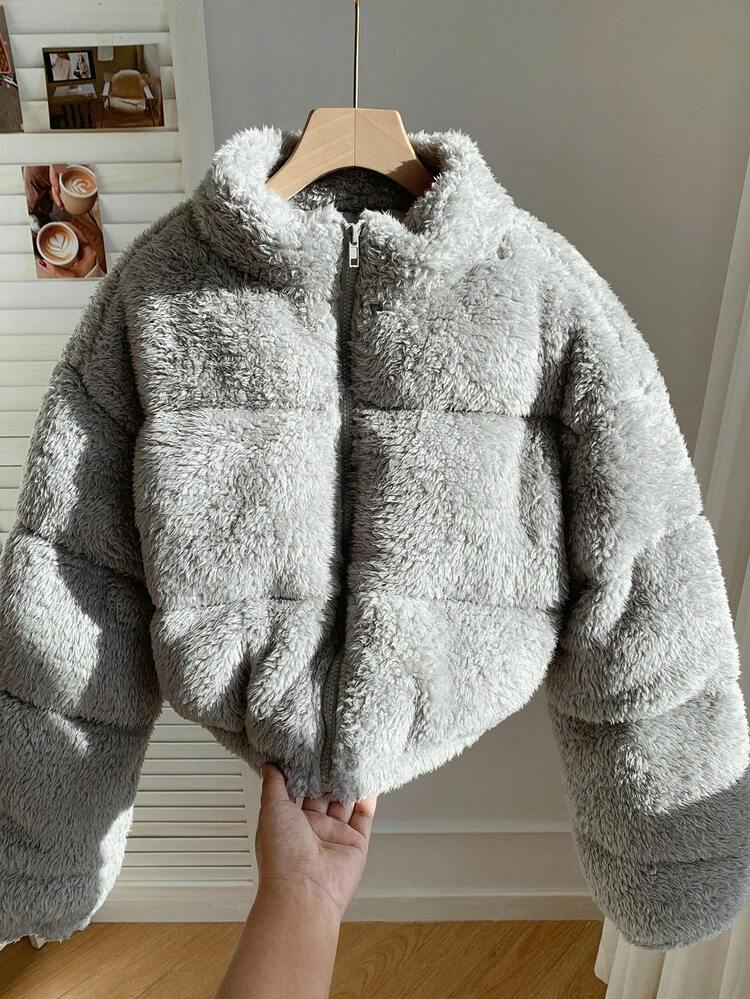 Comfortcana Women's Casual Light Gray Faux Wool Short Padded Coat In Fall/Winter - Light Grey - View 5