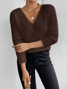 EMERY ROSE Biały sweter z dekoltem w serek, swobodny, miękki, dzianinowy, z długim rękawem, jesień/zima