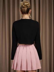 2pcs Women's Set: Black Jacket Paired With Pink Pleated Skirt, Adorned With 3D Pink Floral Decor, Elegant & Romantic Daily Wear