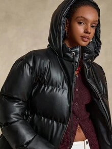 Bóhologie Women's Faux Leather Padded Coat With Zip-Up Front, Drawstring Hood, Stand Collar, Side Pockets, Quilted Warm Winter Jacket, Water-Resistant Insulated Outerwear, Loose Fit Street Style, Modern Casual Fashion, Long Sleeve PU Bubble Parka Puffer Jacket Black Puffer Jacket Women's Black Jacket Outerwear Women Women's Jacket - Black - View 3