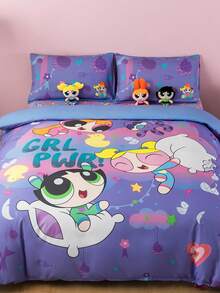 THE POWERPUFF GIRLS X SHEIN 3件組可愛卡通人物與枕頭圖案舒適被套組，適用單人床/雙人床/加大雙人床/特大雙人床，適合宿舍/居家 - 淡紫色 - 查看 2