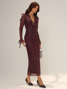 Almamuse 女式修身深V领荷叶边系带碎花连衣裙 - 黑色 - 查看 4