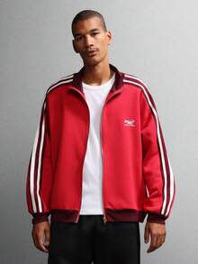 SUMWON Klassische Trainingsjacke mit Retro-Streifendetail, geripptem Kragen, durchgehendem Reißverschluss, athletischem Collegejacken-Stil, Herbst-Winter-Essentiell, lässige Oberbekleidung - Rot - Übersicht 6