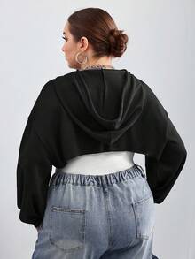 SHEIN CURVE+ 大码黑色针织超短连帽毛衣，适合秋冬穿/秋冬 - 黑色 - 查看 2